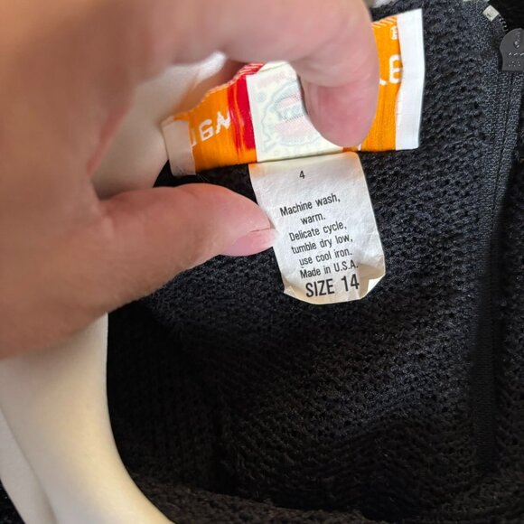 Vintage 70s Long Sleeve Knit Dress Medium Sheer Black Peter Pan Collar Zipper - Picture 9 of 9